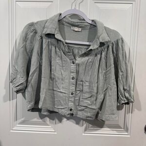 Endless Blu Womens Small Sage Green Cropped Blouse Short Sleeve Gauze